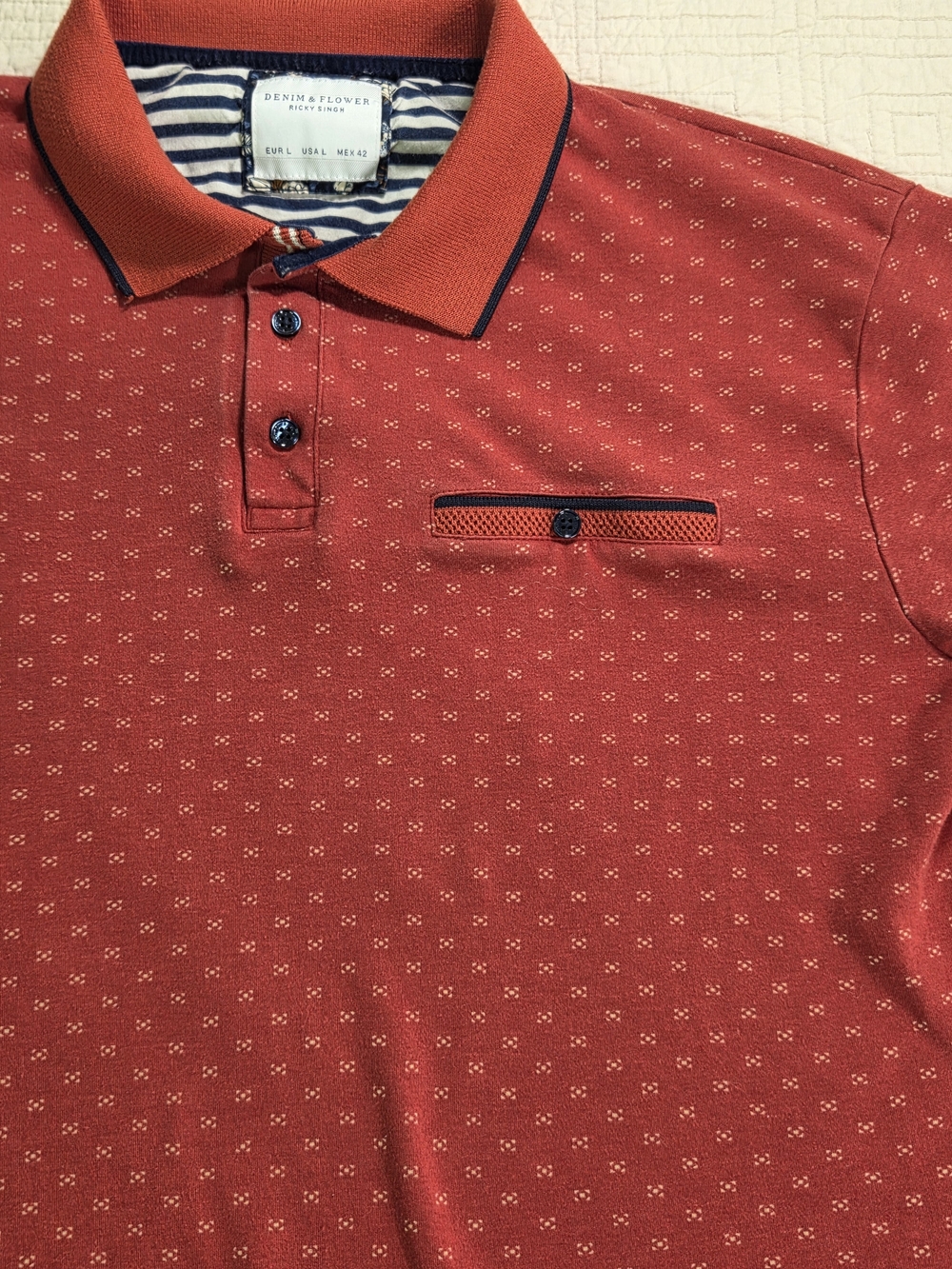 Denim & Flower Men's Red Geometric Micro Print Polo Shirt Short Sleeve Size L - Picture 5 of 11